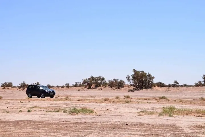 Black 4x4 vehicle driving through a flat desert landscape with sparse vegetation