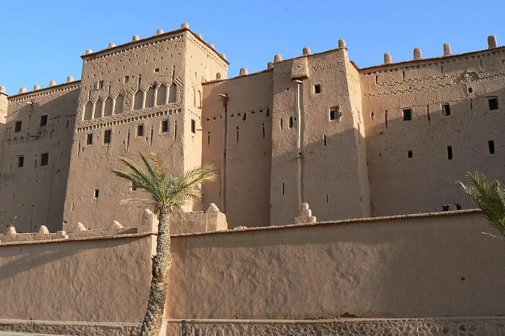 Close-up of a traditional mud-brick kasbah with textured walls in Morocco